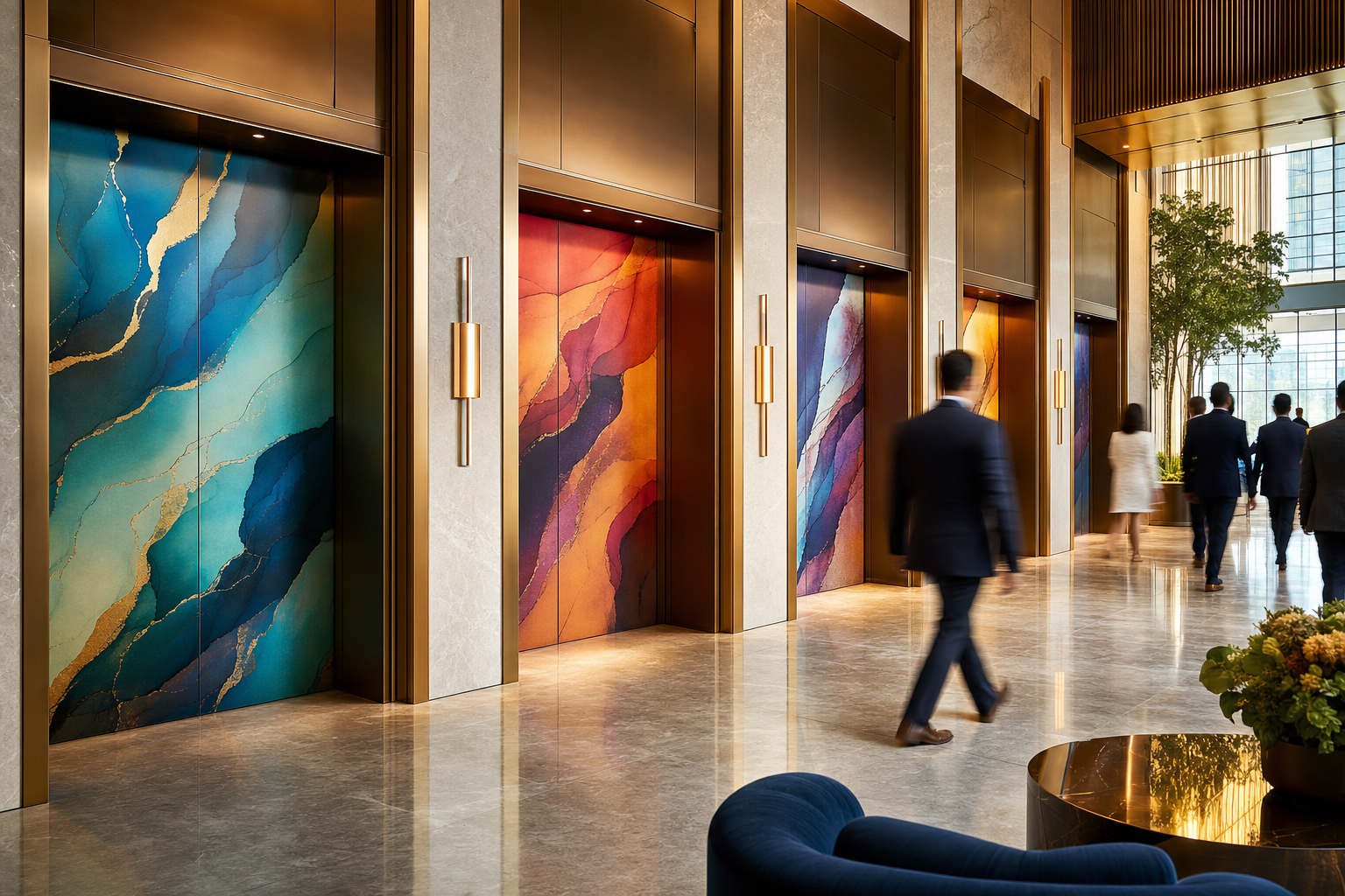 Modern building lobby with elevator doors covered in elegant colourful abstract graphics