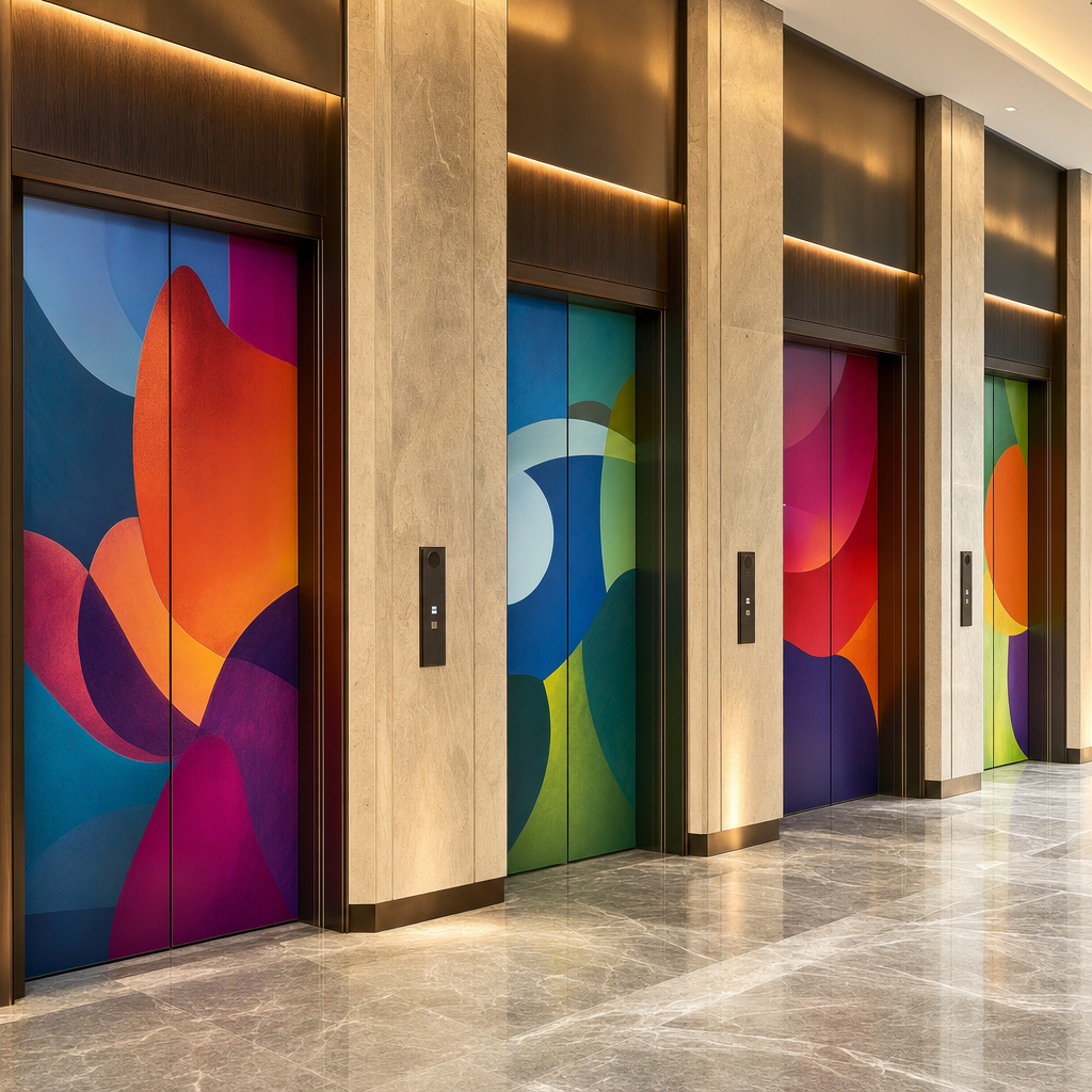 Bank of elevator doors in an office tower lobby with matching colourful graphics