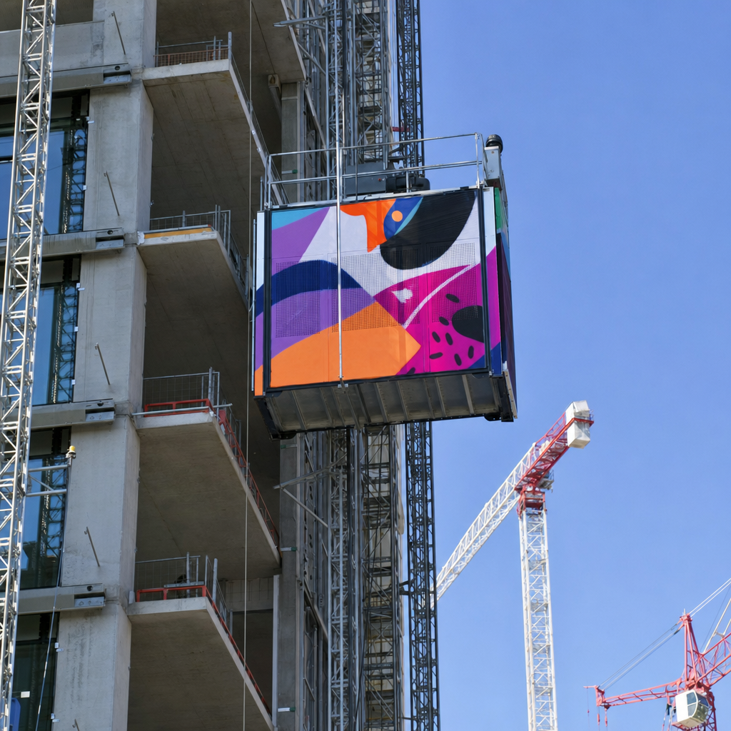 Construction hoist on a tower under construction wrapped in colourful graphics