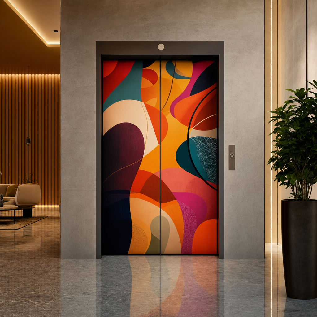 Elevator doors in a modern lobby covered with bold colourful abstract graphics