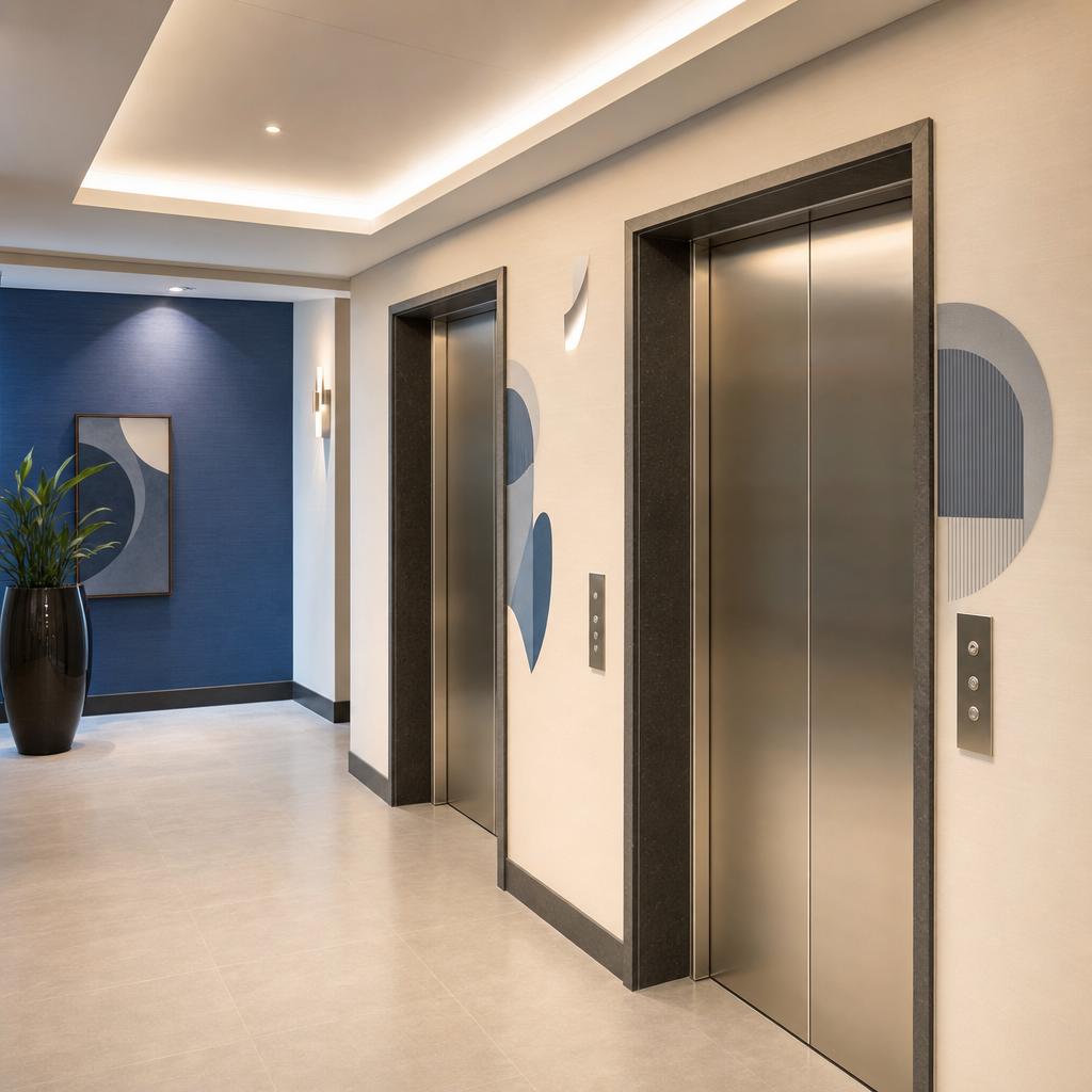 Elevator lobby landing with clean coordinated decals beside the doors
